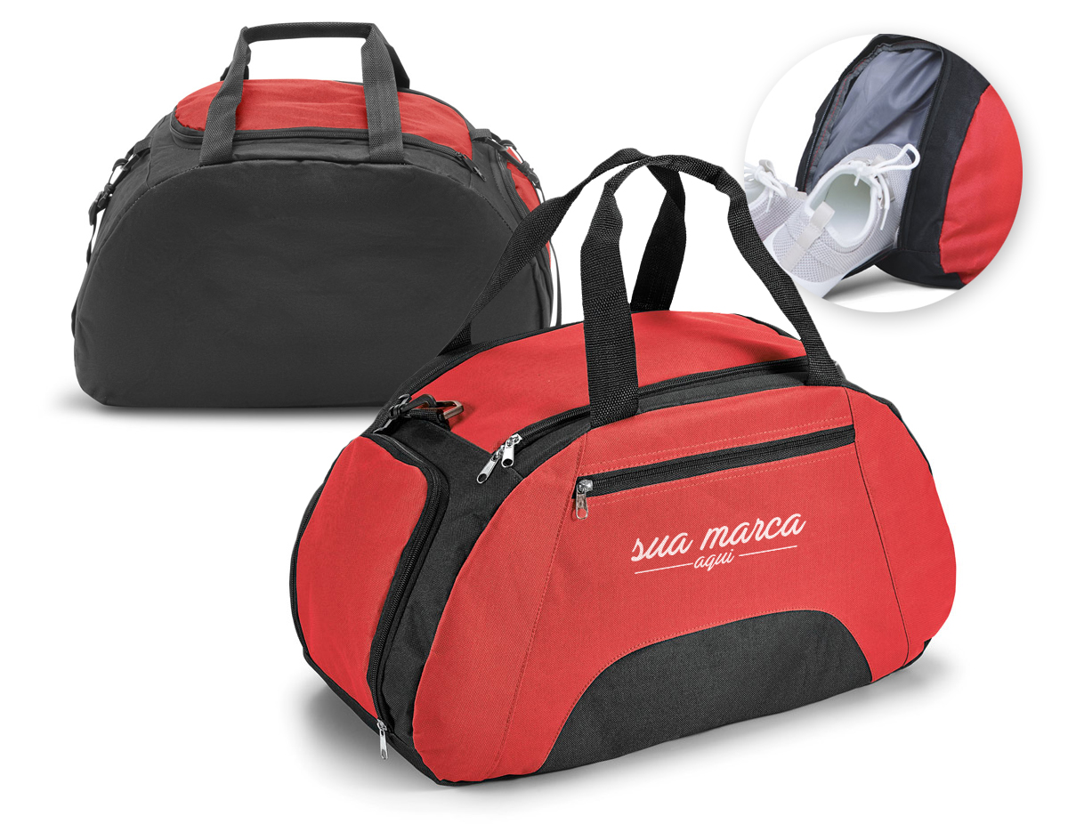 Bolsa esportiva em 600D com divisória interior e fundo com placa semi-rígida. Bolso frontal e bolso lateral para calçado, ambos com zíper. Alça de ombro ajustável