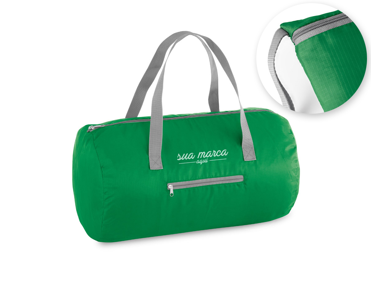 Bolsa esportiva dobrável em 210D ripstop com bolso frontal.
