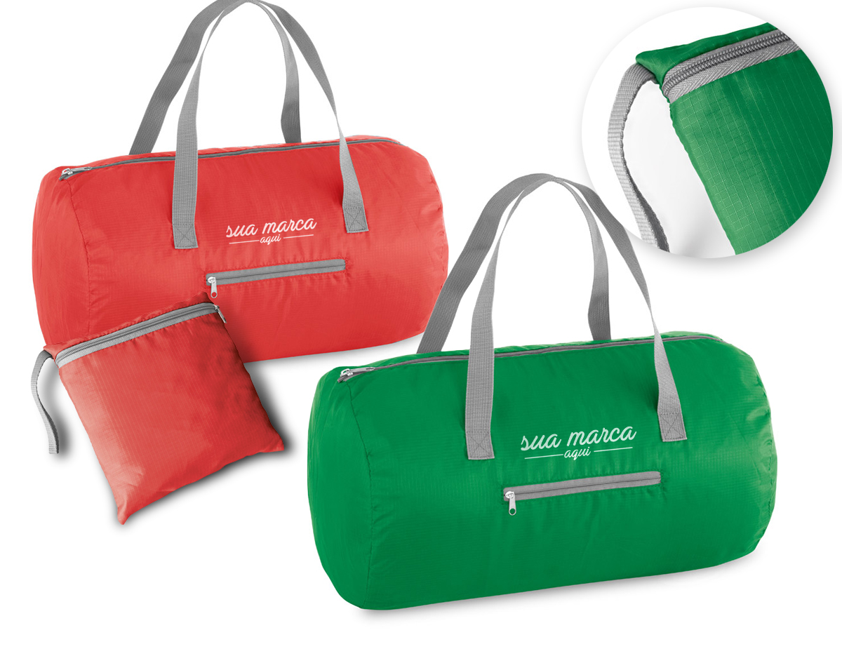 Bolsa esportiva dobrável em 210D ripstop com bolso frontal.