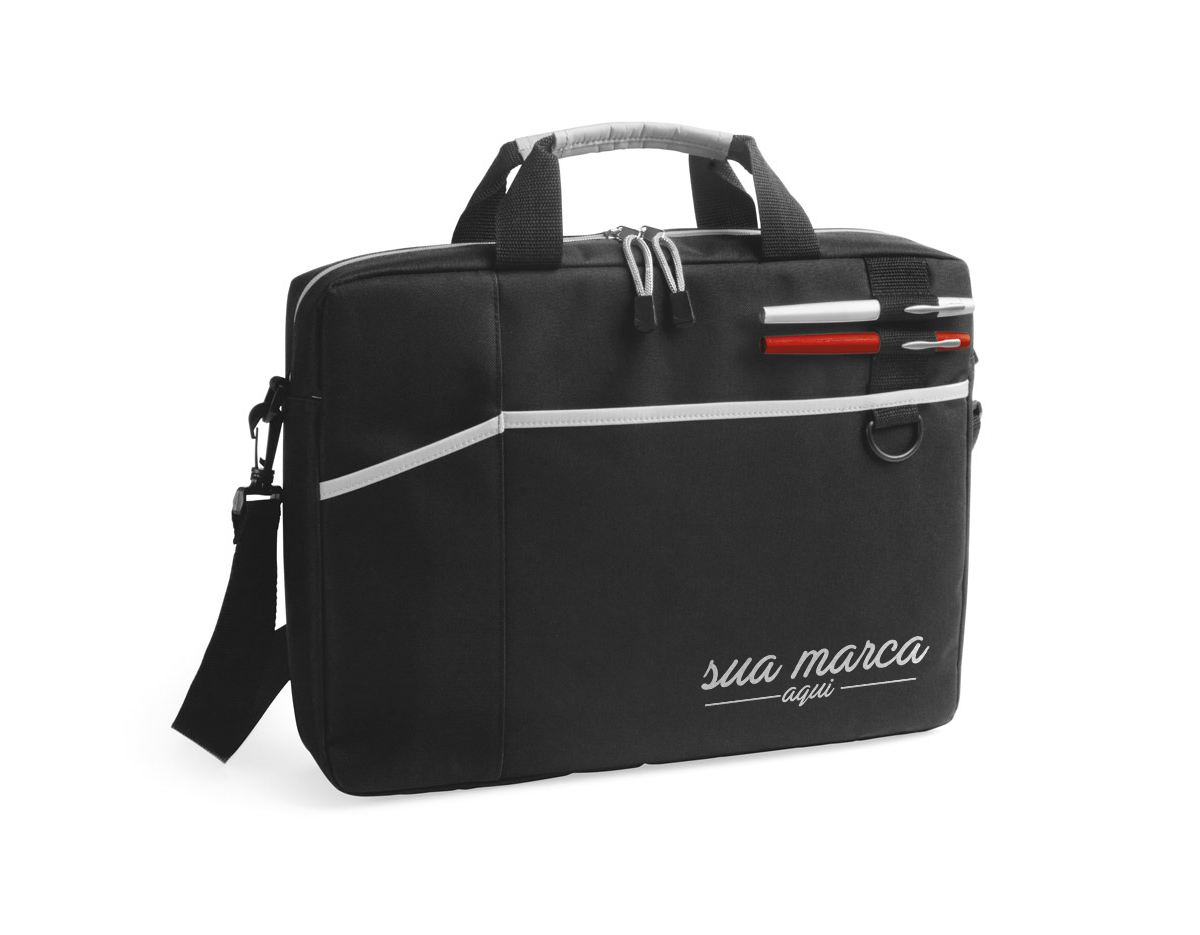 Pasta para notebook até 15.6'' em 600D com interior forrado e almofadado. Tem 2 bolsos frontais e alça de ombro ajustável. Suporte para canetas(canetas não inclusas). 