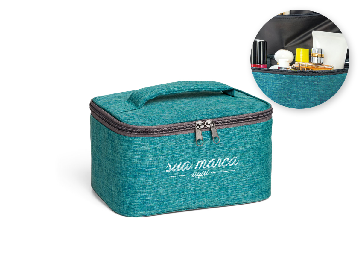 Necessaire em 300D de alta densidade com pega almofadada, interior forrado e bolso interior com zíper