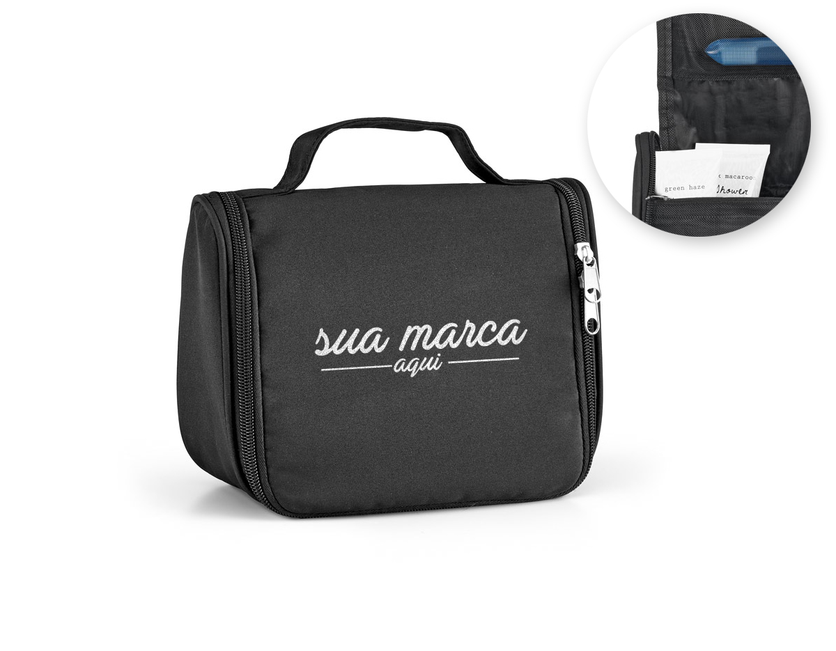 Necessaire em microfibra com vários bolsos interiores e gancho de pendurar.