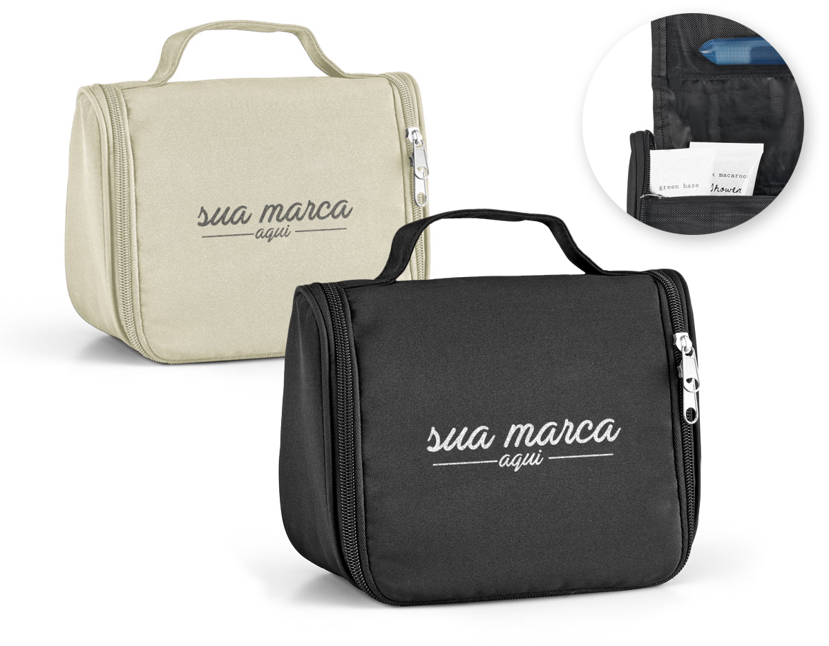 Necessaire em microfibra com vários bolsos interiores e gancho de pendurar.