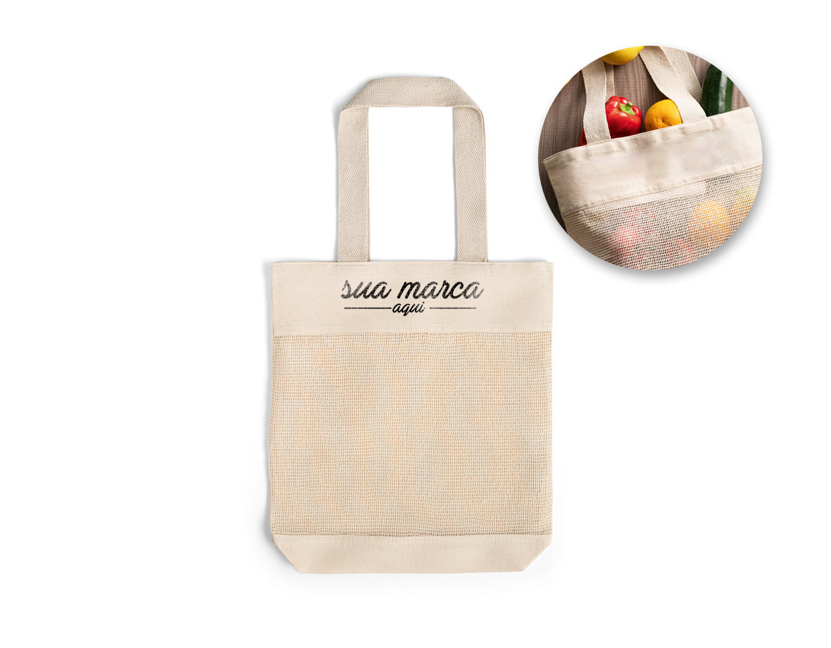 Sacola 100% algodão (180 g/m²) com malha 100% algodão na parte frontal. Alças em webbing com 65 cm. Sacola ideal para compras