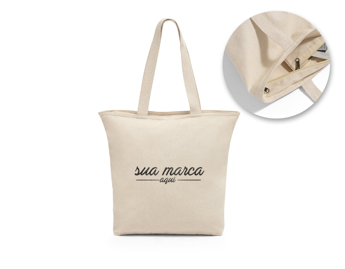 Sacola 100% algodão (280 g/m²) com fecho e bolso interior