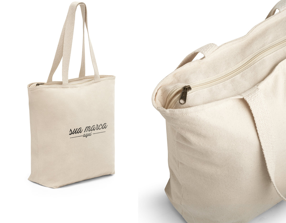 Sacola 100% algodão (280 g/m²) com fecho e bolso interior