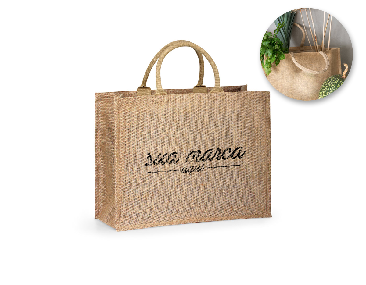 Sacola de compras em juta (360 g/m²) com laminado no interior e com alças curtas acolchoadas