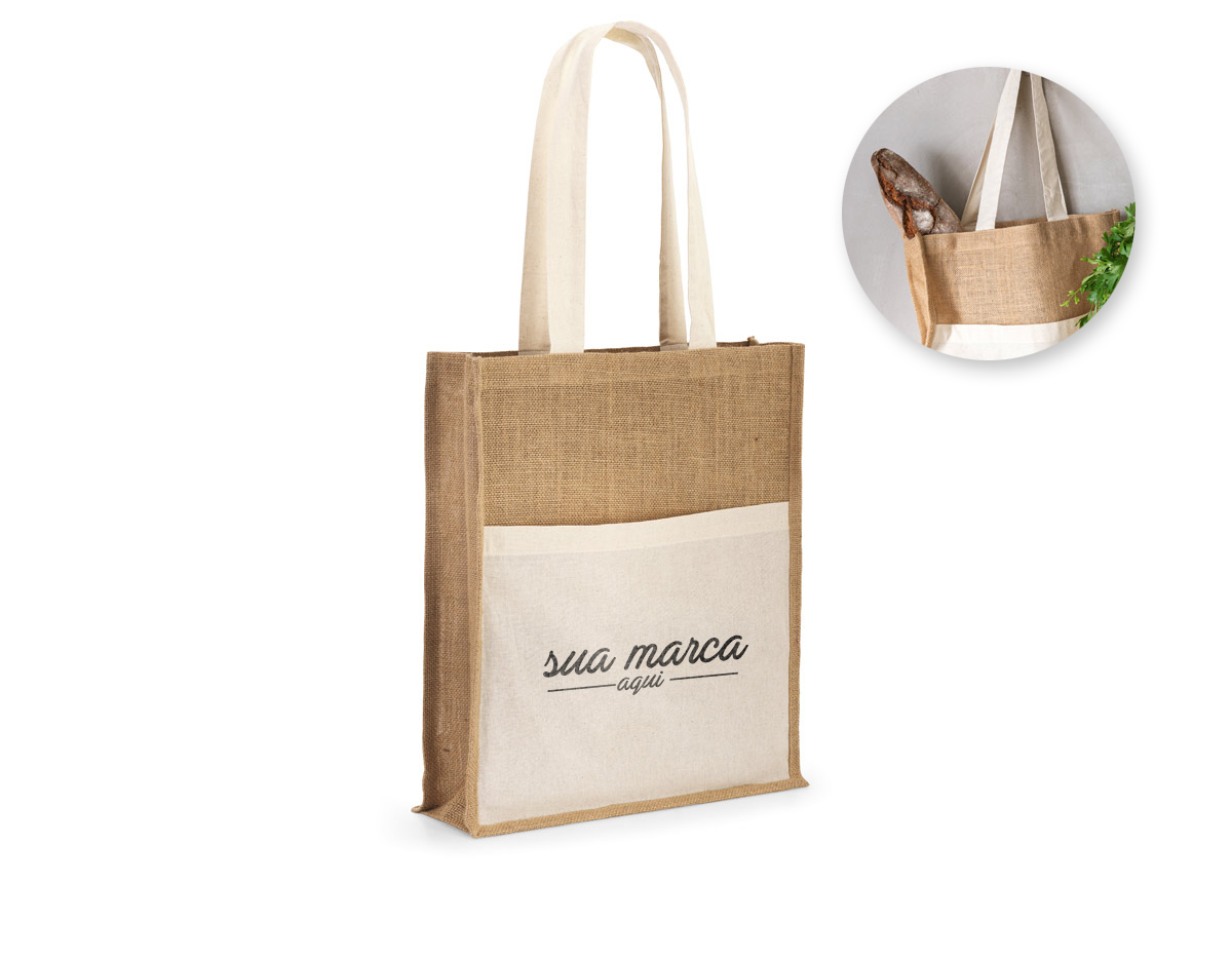 Sacola em juta (240 g/m²) com alças de 65 cm e um bolso frontal 100% algodão  medidas 370 x 410 x 100 mm