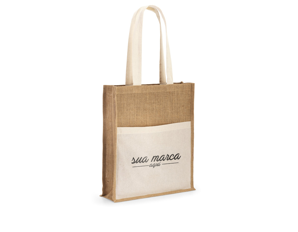 Sacola em juta (240 g/m²) com alças de 65 cm e um bolso frontal 100% algodão  medidas 370 x 410 x 100 mm
