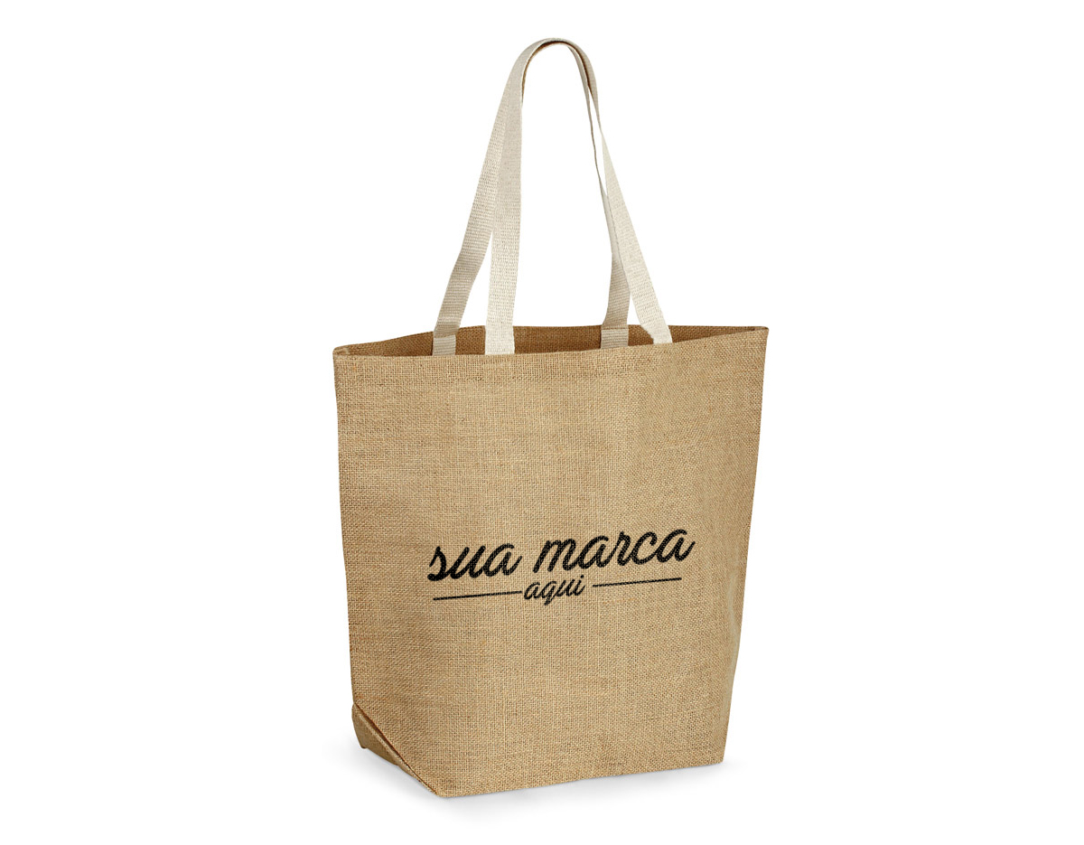 Sacola de compras em juta (360 g/m²) com laminado no interior e com alças webbing com 60 cm