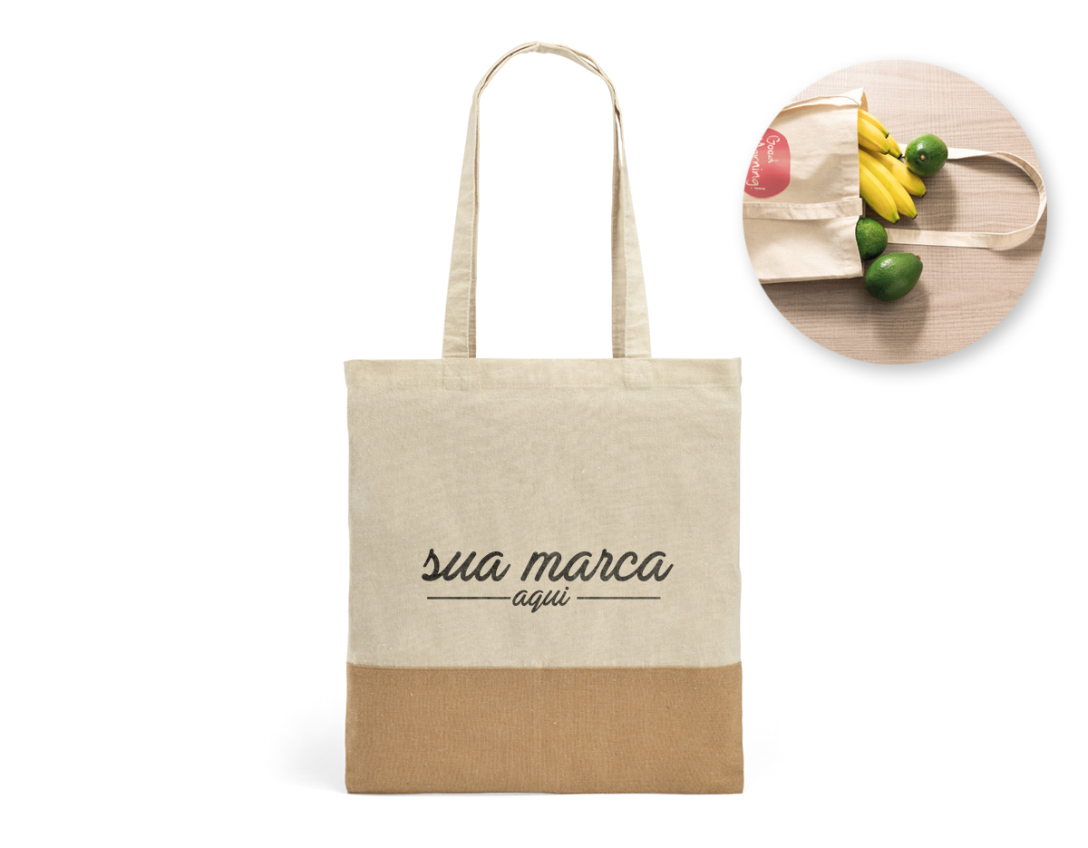 Sacola 100% algodão (160 g/m²) com detalhe em imitação de juta e alças de 65 cm