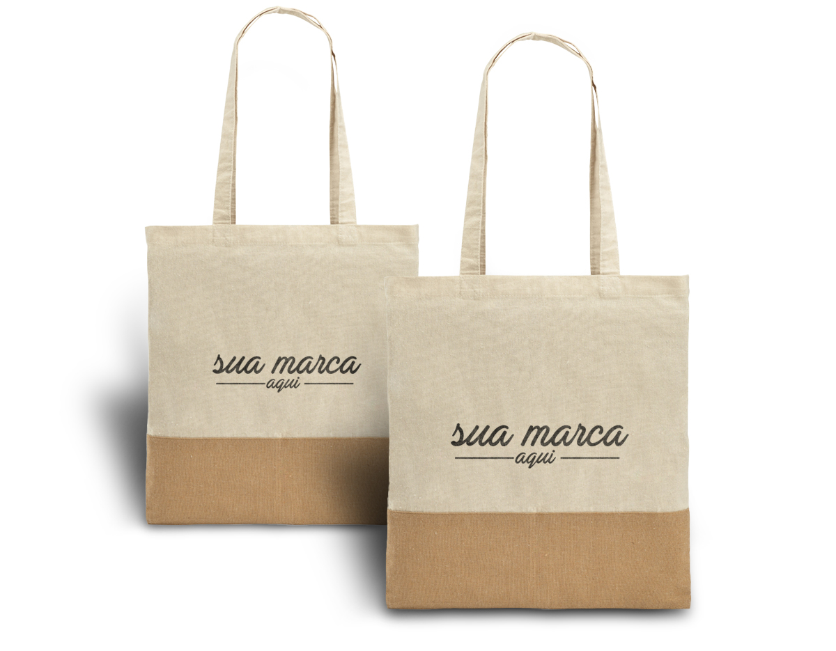 Sacola 100% algodão (160 g/m²) com detalhe em imitação de juta e alças de 65 cm