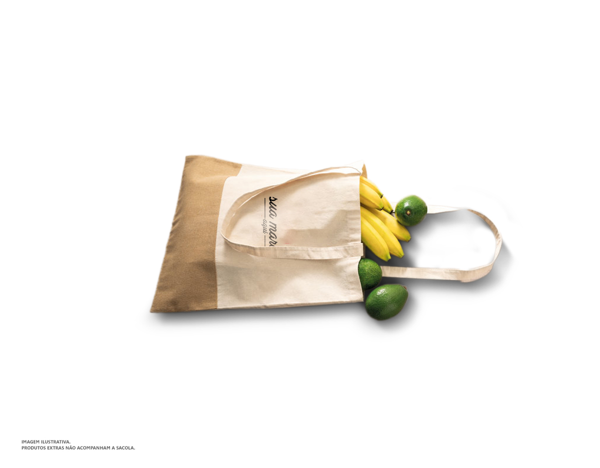Sacola 100% algodão (160 g/m²) com detalhe em imitação de juta e alças de 65 cm
