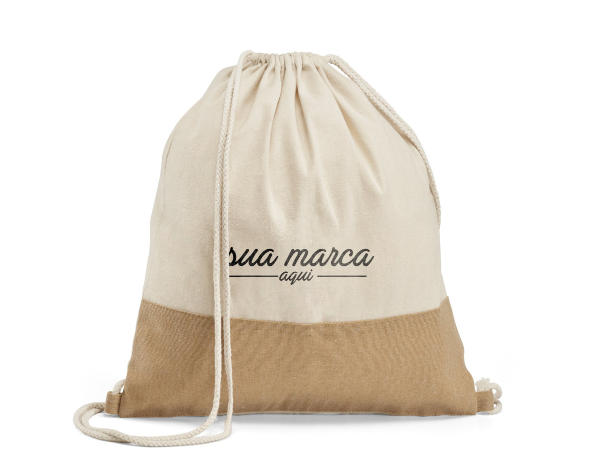 Sacola tipo mochila 100% algodão (160 g/m²) com detalhe em imitação de juta e alça em algodão