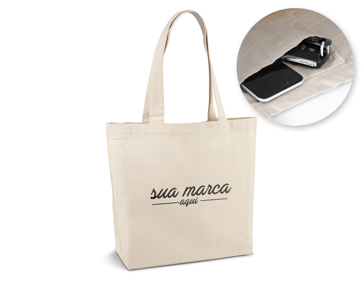 Sacola 100% algodão canvas (280 g/m²) com bolso interior e alças de 65 cm medidas 450 x 380 x 105 mm
