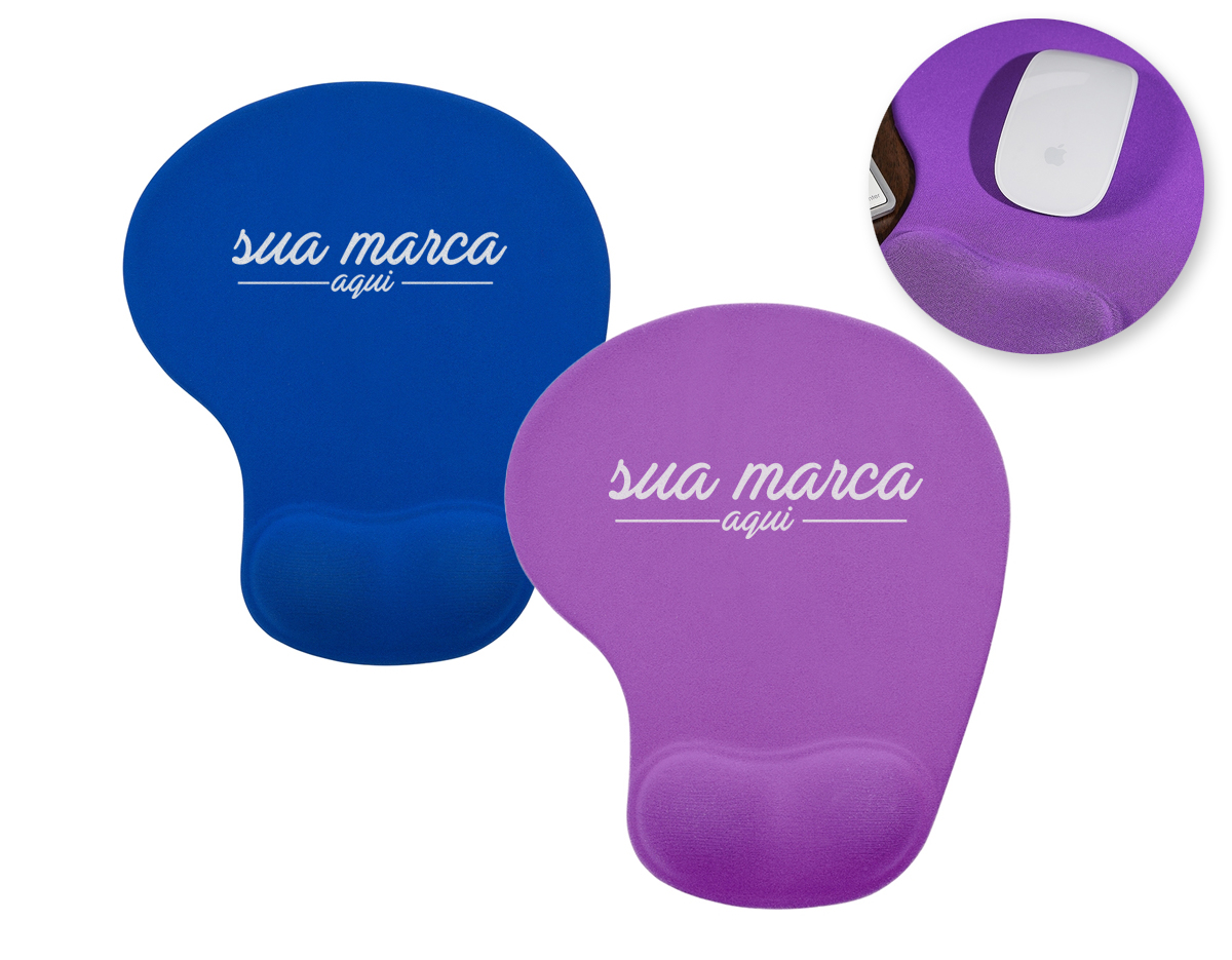 Mouse Pad ergonômico de neoprene com apoio para o punho de silicone. Parte inferior revestida com silicone antiderrapante.