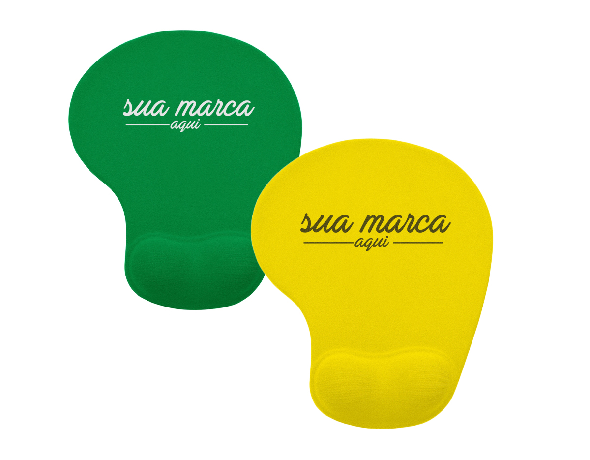 Mouse Pad ergonômico de neoprene com apoio para o punho de silicone. Parte inferior revestida com silicone antiderrapante.