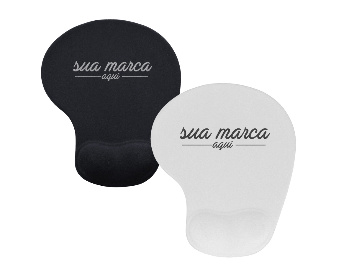 Mouse Pad ergonômico de neoprene com apoio para o punho de silicone. Parte inferior revestida com silicone antiderrapante.