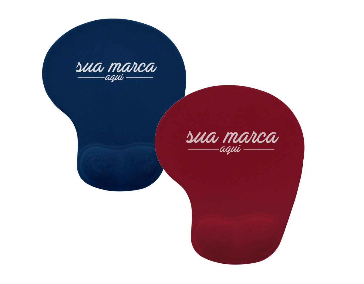 Mouse Pad ergonômico de neoprene com apoio para o punho de silicone. Parte inferior revestida com silicone antiderrapante.