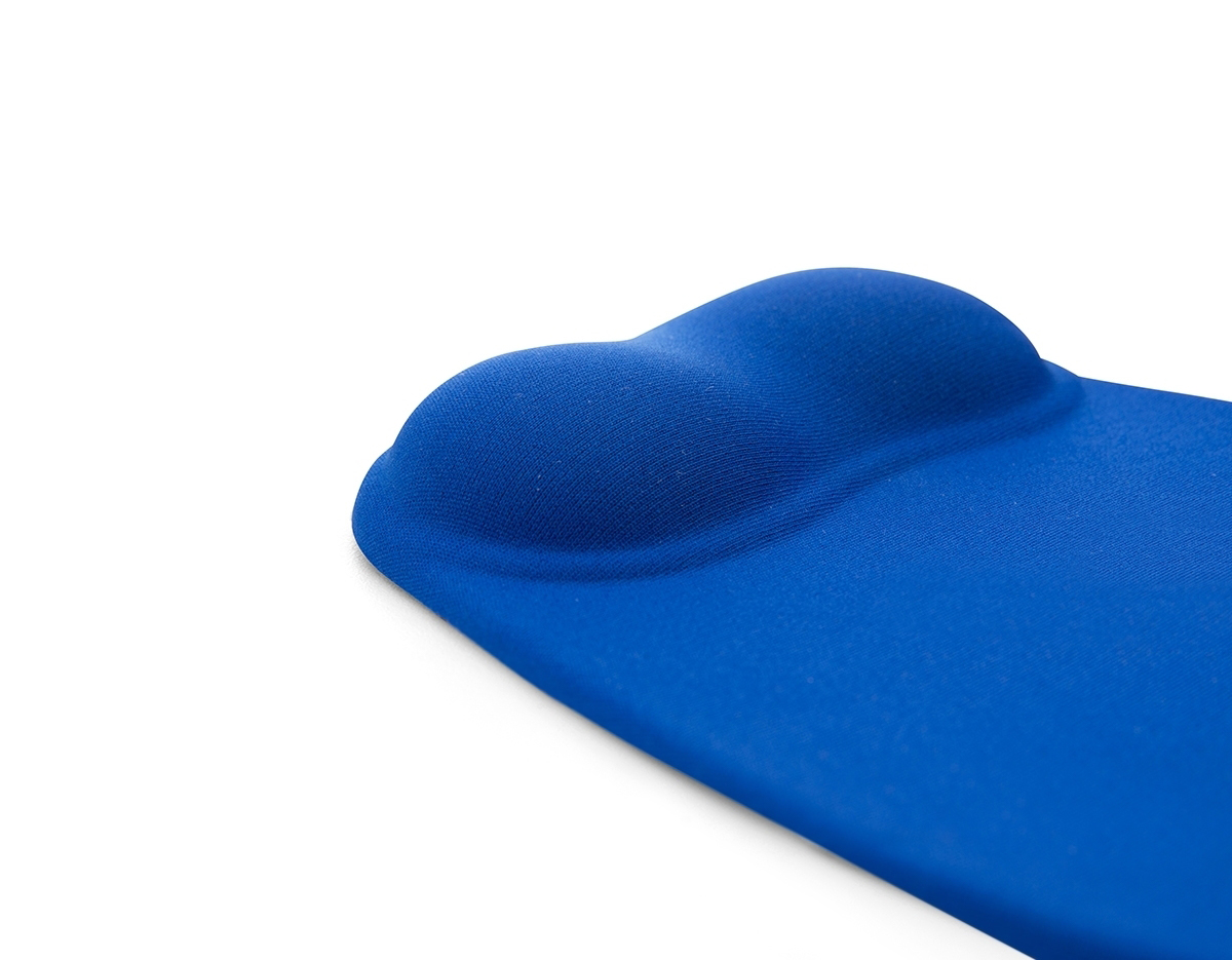 Mouse Pad ergonômico de neoprene com apoio para o punho de silicone. Parte inferior revestida com silicone antiderrapante.