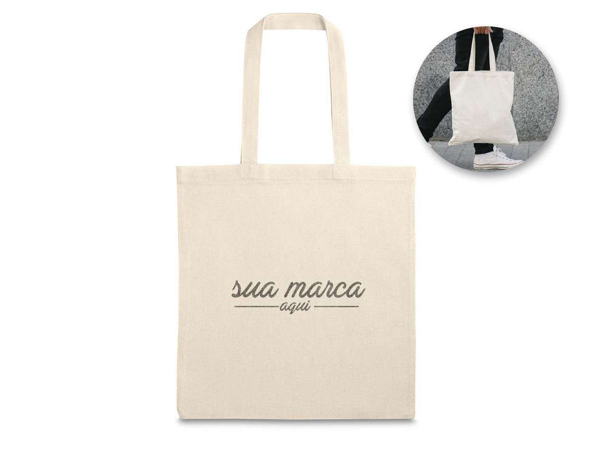 Sacola 100% algodão (140 g/m²) com alças de 60 cm. 375 x 415 mm