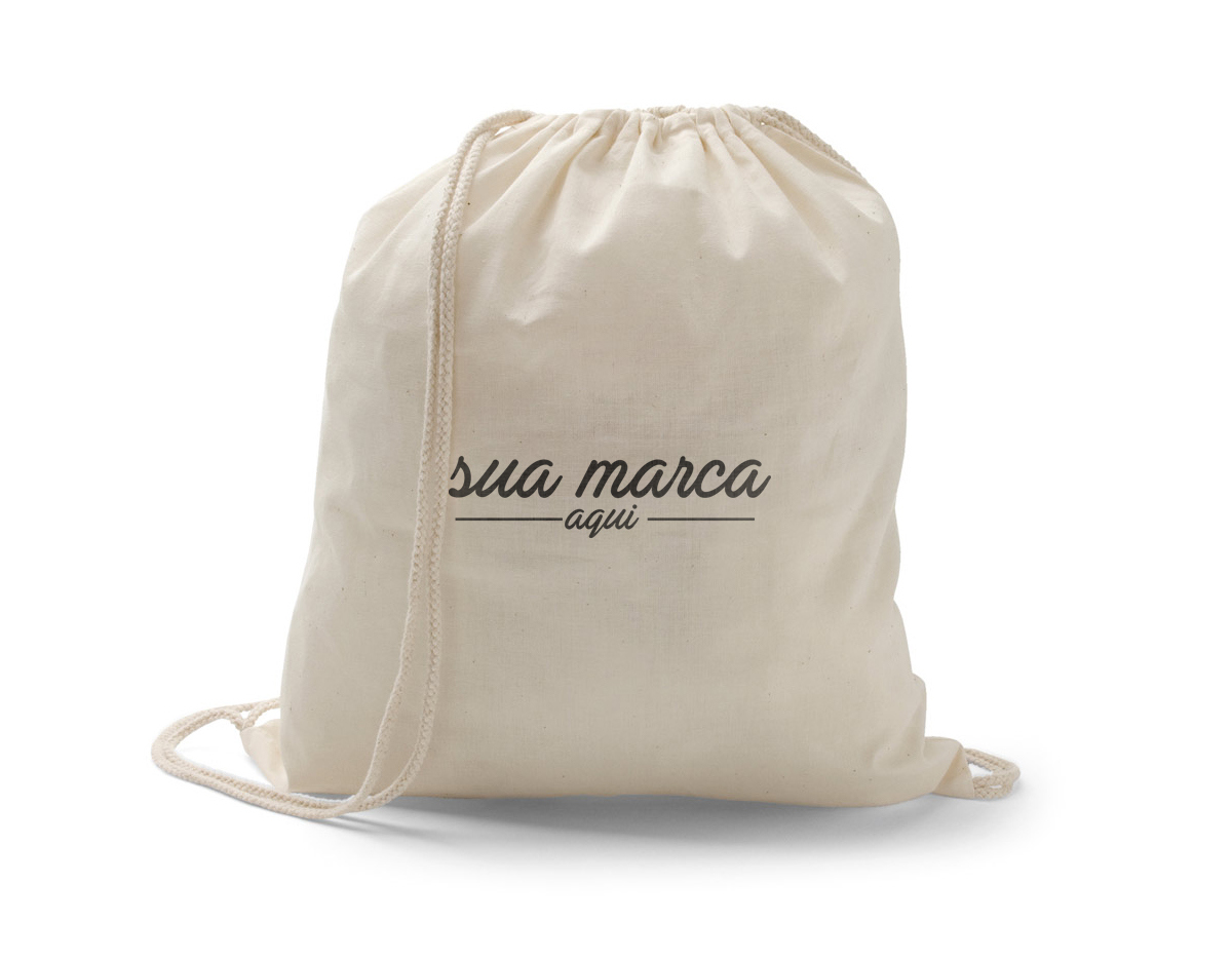 Sacola tipo mochila 100% algodão (103 g/m²). 370 x 410 mm