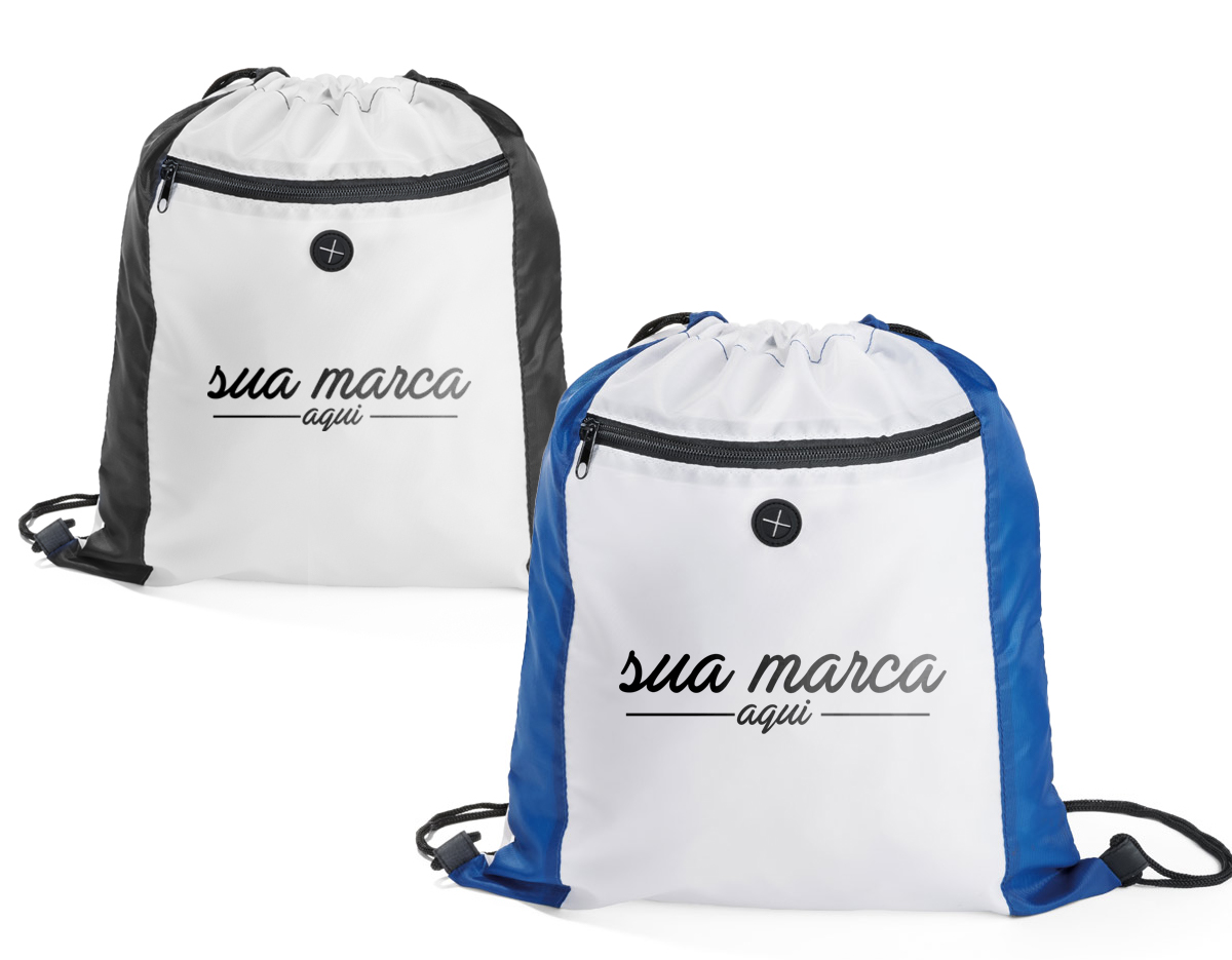 Sacola tipo mochila em 210D com bolso frontal e saída para fone de ouvido. 350 x 400 mm