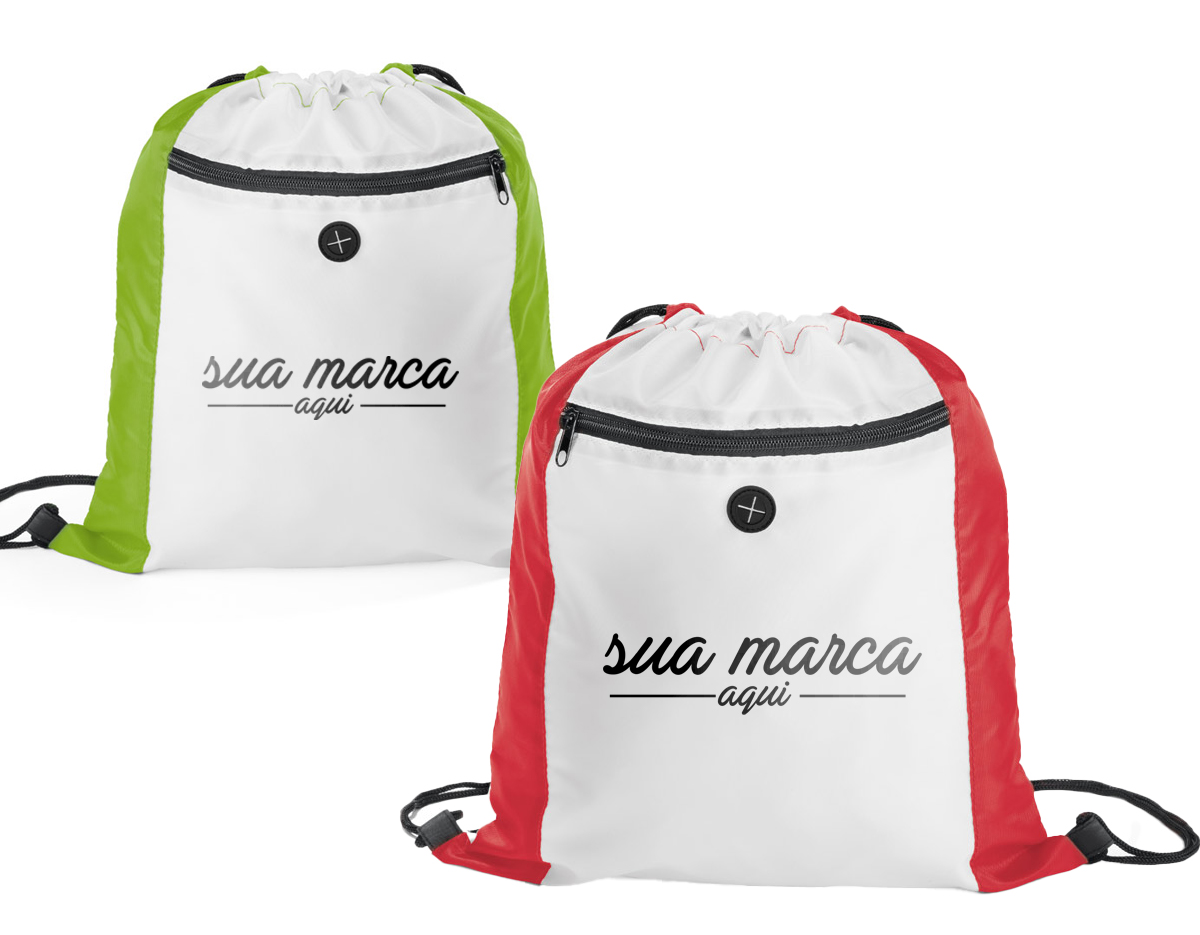 Sacola tipo mochila em 210D com bolso frontal e saída para fone de ouvido. 350 x 400 mm