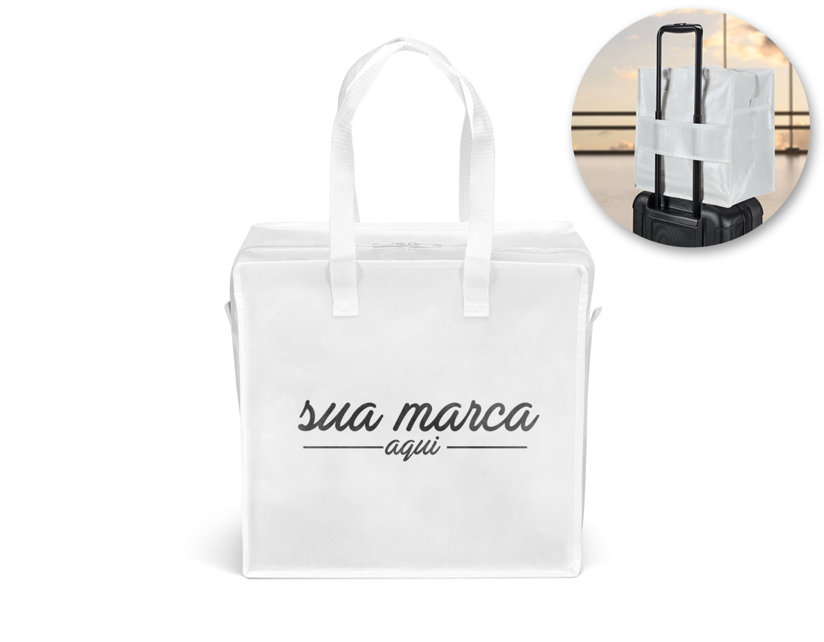 Sacola em non-woven laminado brilhante (140 g/m²) com zíper. A sacola tem encaixe para trolley, fundo reforçado e alças em webbing de 65 cm. 350 x 350mm