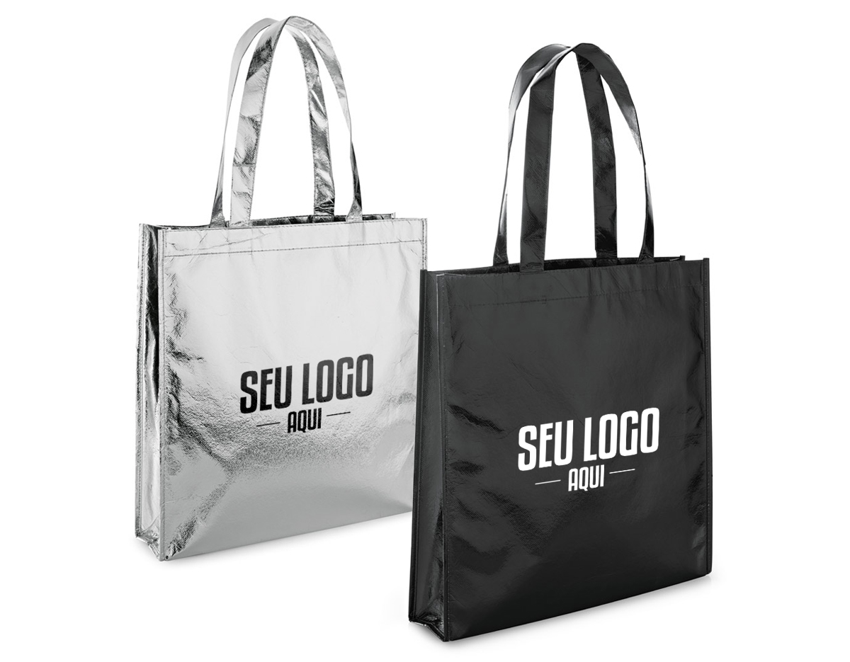 Sacola em non-woven laminado (90 g/m²) com alças de 50 cm e com laminação brilhante. 340 x 350 mm