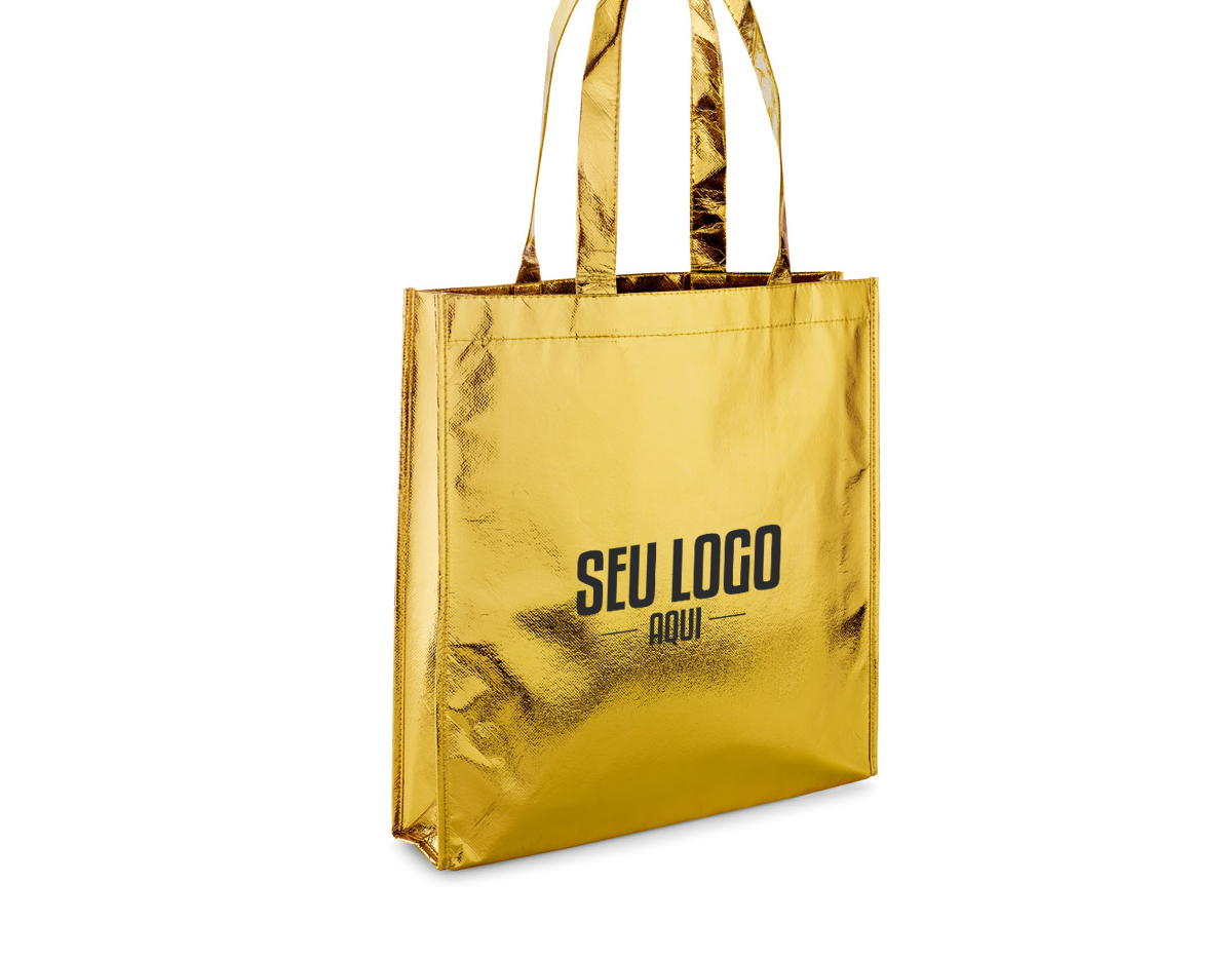 Sacola em non-woven laminado (90 g/m²) com alças de 50 cm e com laminação brilhante. 340 x 350 mm