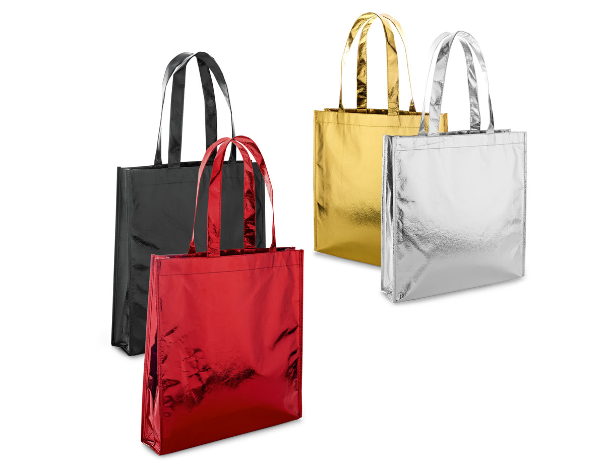 Sacola em non-woven laminado (90 g/m²) com alças de 50 cm e com laminação brilhante. 340 x 350 mm