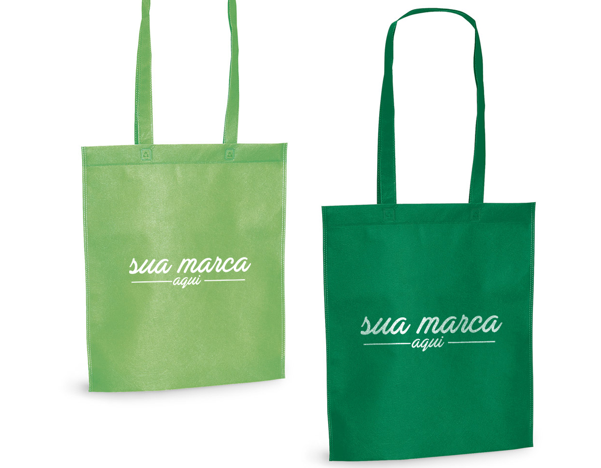Sacola em non-woven (80 g/m²) termo-selado com alças de 55 cm. 270 x 350 mm