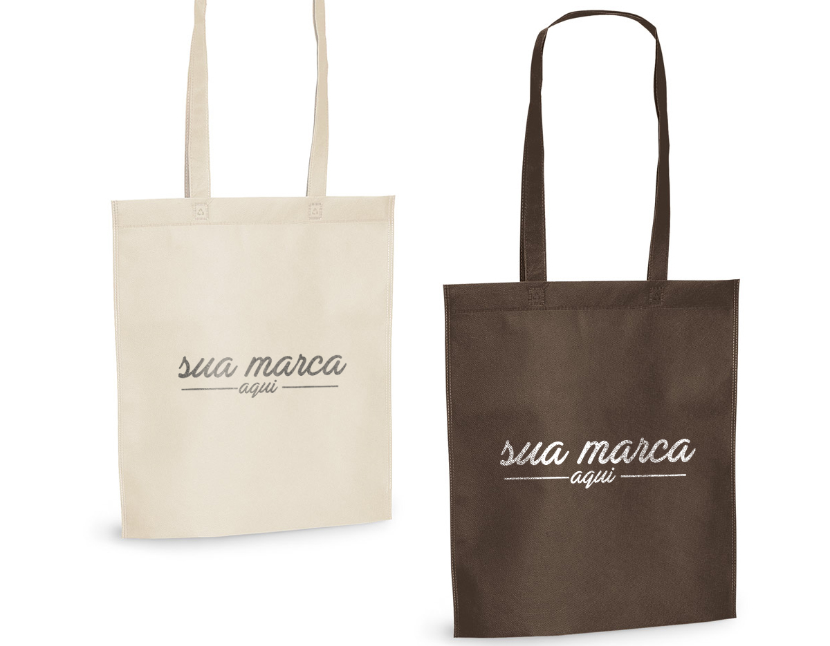 Sacola em non-woven (80 g/m²) termo-selado com alças de 55 cm. 270 x 350 mm