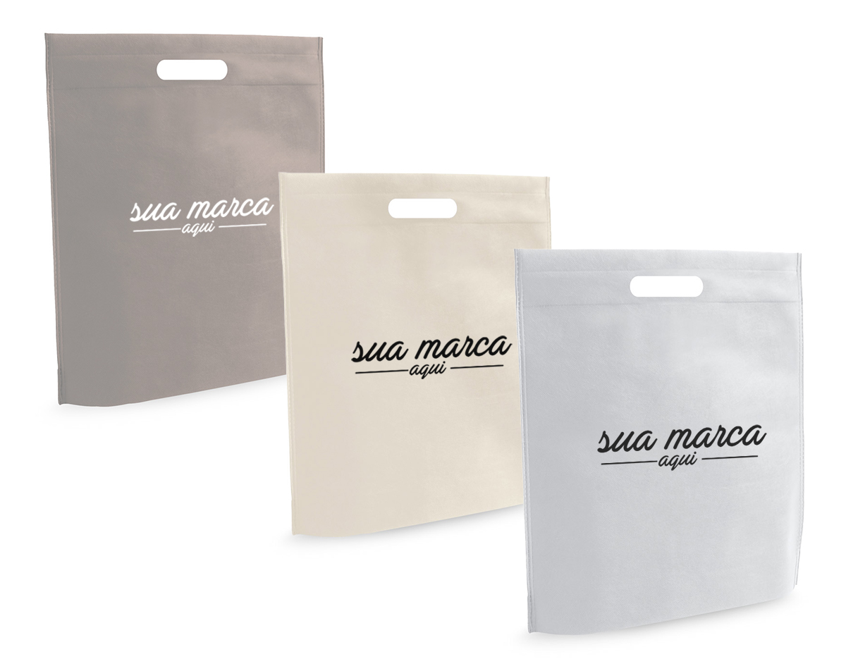 Sacola em non-woven (80 g/m²) termo-selado. 355 x 390 x 85 mm
