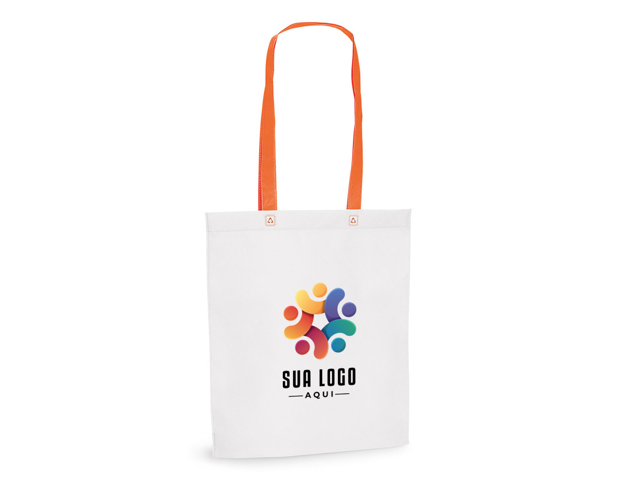 Sacola em non-woven (80 g/m²) termo-selado com alças de 55 cm. 330 x 390 x 80 mm