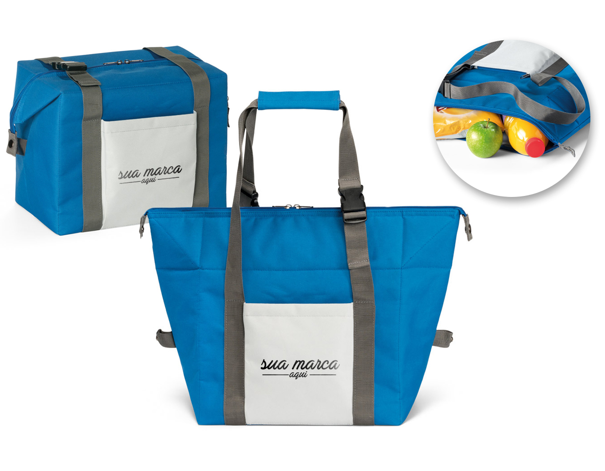 Sacola térmica em 600D com 2 formas distintas de utilização. Compartimento principal com zíper duplo e interior forrado em PEVA e almofadado. Contém bolso frontal com zíper e alças ajustáveis em webbing com reforço. A sacola tem capacidade até 15L 480 x 330 x 180 mm 