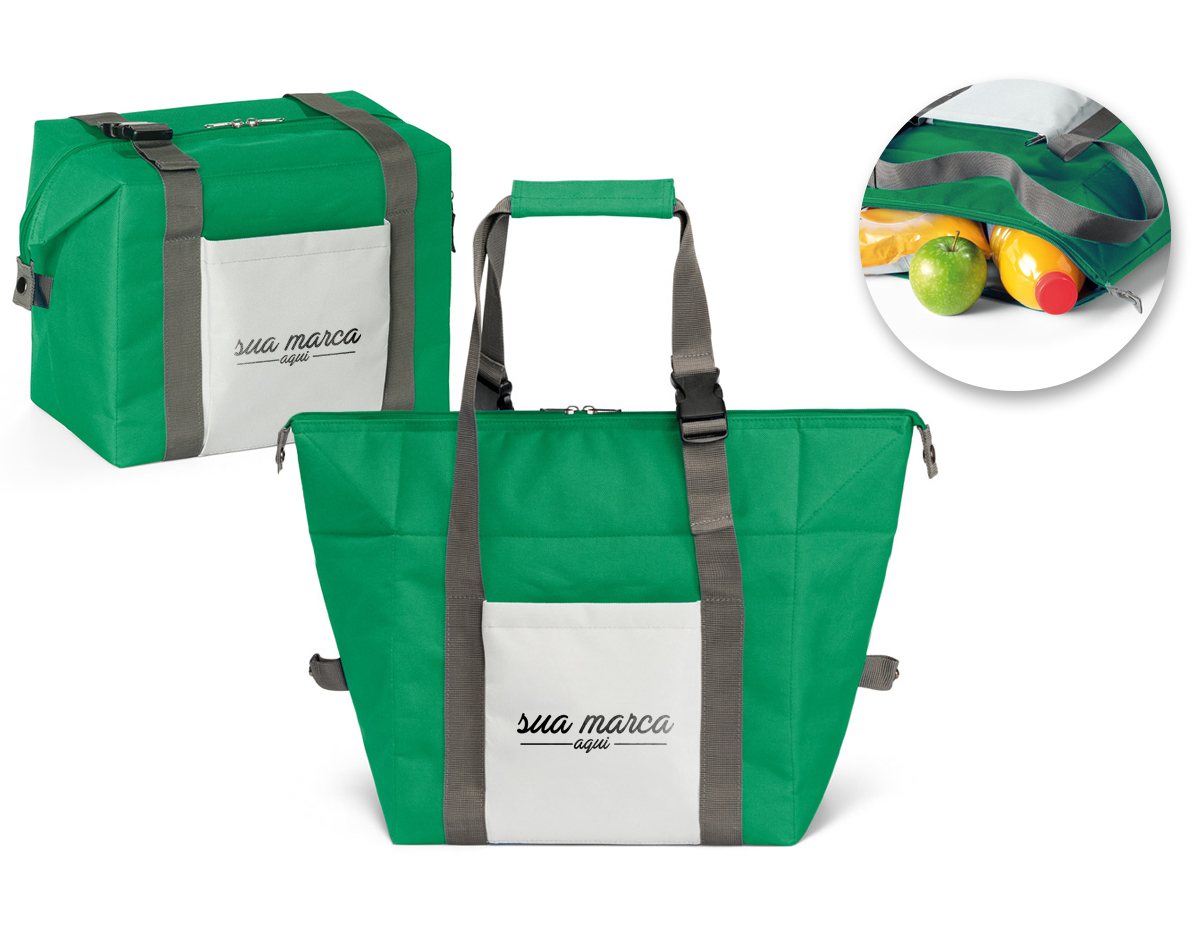 Sacola térmica em 600D com 2 formas distintas de utilização. Compartimento principal com zíper duplo e interior forrado em PEVA e almofadado. Contém bolso frontal com zíper e alças ajustáveis em webbing com reforço. A sacola tem capacidade até 15L 480 x 330 x 180 mm 