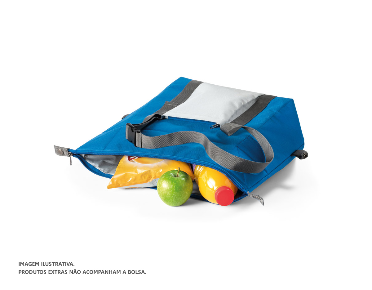 Sacola térmica em 600D com 2 formas distintas de utilização. Compartimento principal com zíper duplo e interior forrado em PEVA e almofadado. Contém bolso frontal com zíper e alças ajustáveis em webbing com reforço. A sacola tem capacidade até 15L 480 x 330 x 180 mm 