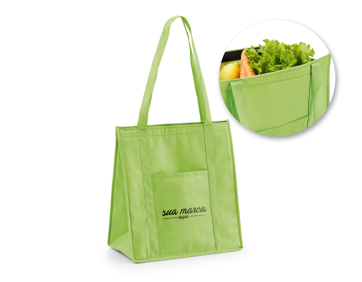 Sacola térmica em non-woven (80 g/m²) com fechamento em velcro e bolso frontal. Capacidade até 10 litros. 320 x 350 x 170 mm