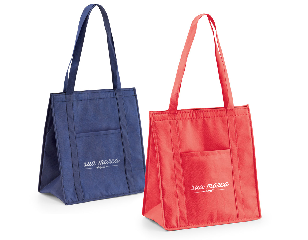 Sacola térmica em non-woven (80 g/m²) com fechamento em velcro e bolso frontal. Capacidade até 10 litros. 320 x 350 x 170 mm