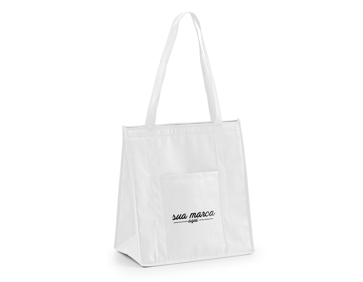 Sacola térmica em non-woven (80 g/m²) com fechamento em velcro e bolso frontal. Capacidade até 10 litros. 320 x 350 x 170 mm