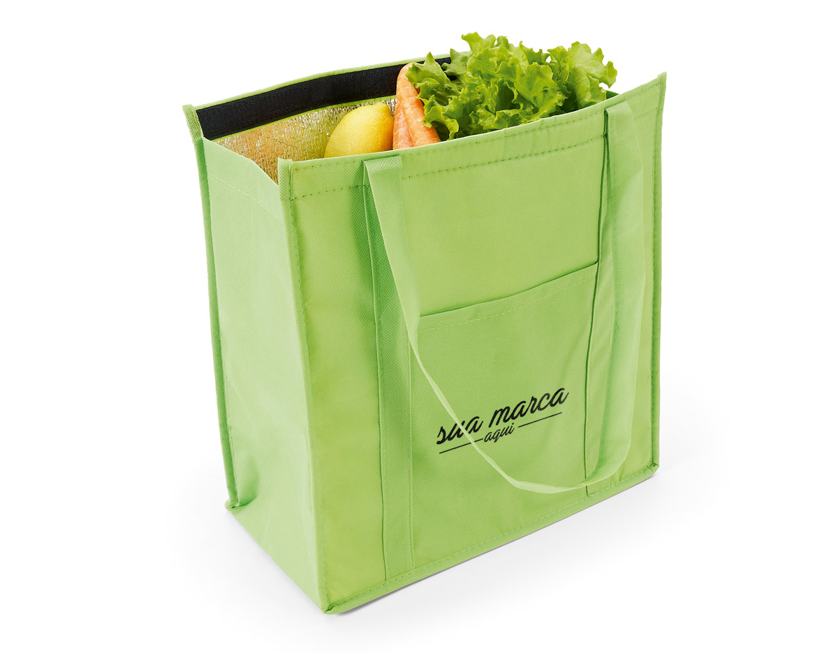 Sacola térmica em non-woven (80 g/m²) com fechamento em velcro e bolso frontal. Capacidade até 10 litros. 320 x 350 x 170 mm
