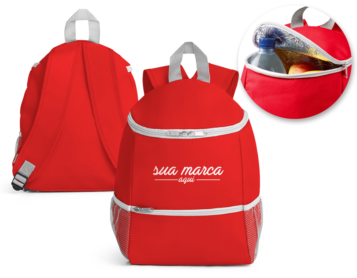 Mochila térmica em 600D com capacidade até 10 L. Inclui um bolso frontal com zíper e dois bolsos laterais em tela 280 x 340 x 140 mm