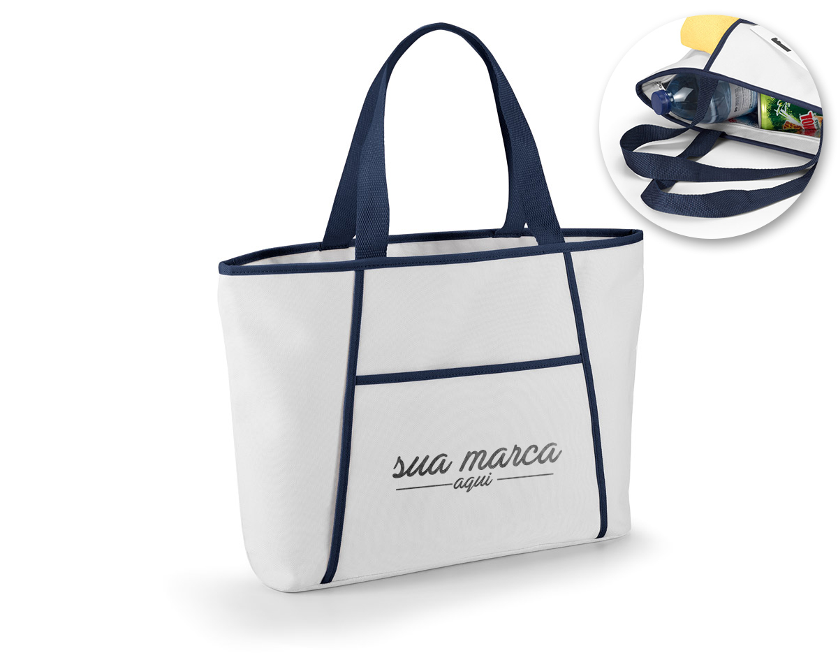 Sacola térmica em 600D com zíper e compartimento exterior aberto forrado que contém um bolso frontal. Ideal para levar para a praia. Alças em webbing com 55 cm e capacidade até 9L 470 x 305 x 120 mm