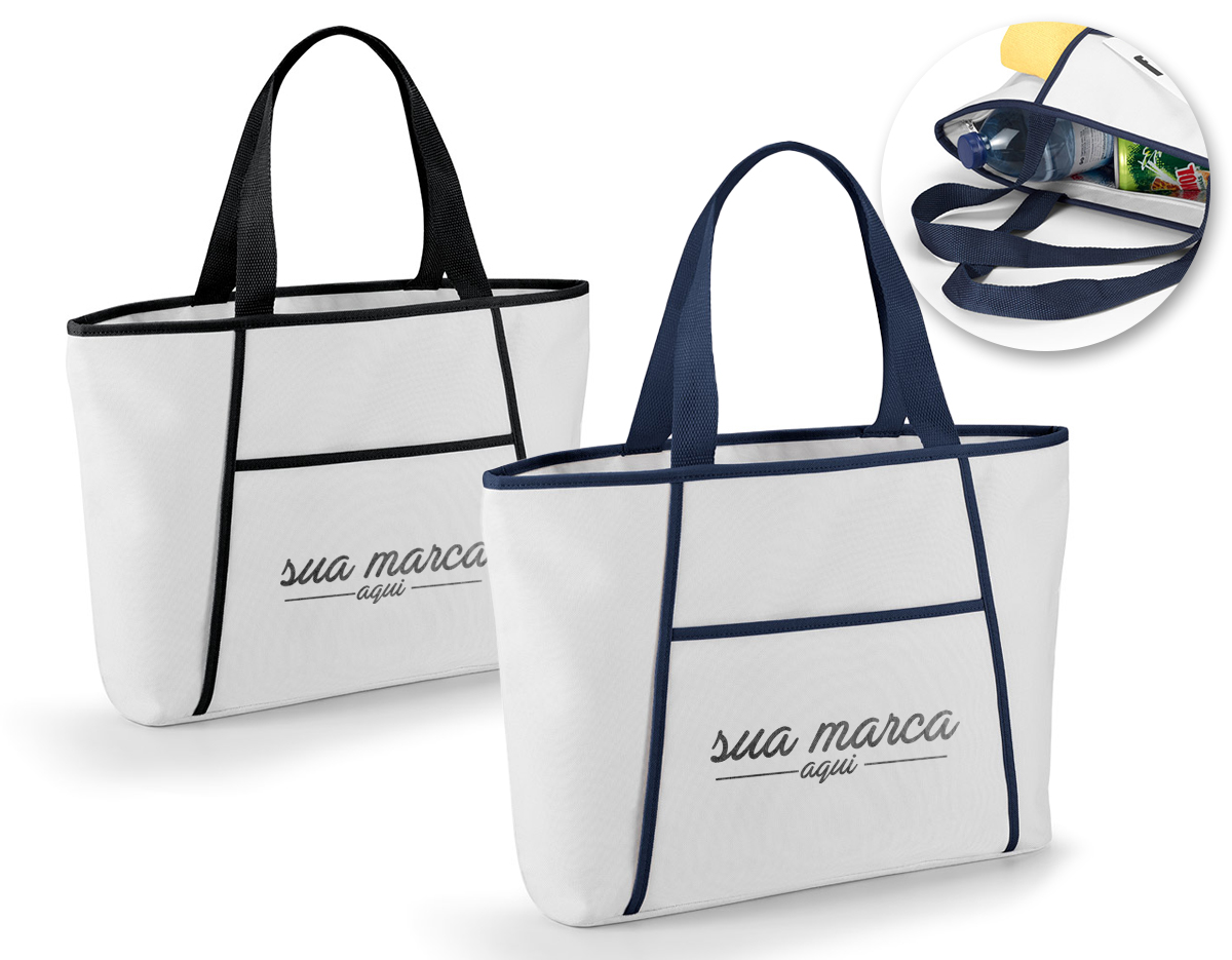 Sacola térmica em 600D com zíper e compartimento exterior aberto forrado que contém um bolso frontal. Ideal para levar para a praia. Alças em webbing com 55 cm e capacidade até 9L 470 x 305 x 120 mm