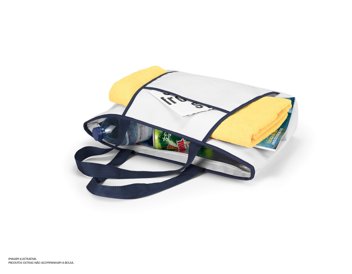 Sacola térmica em 600D com zíper e compartimento exterior aberto forrado que contém um bolso frontal. Ideal para levar para a praia. Alças em webbing com 55 cm e capacidade até 9L 470 x 305 x 120 mm