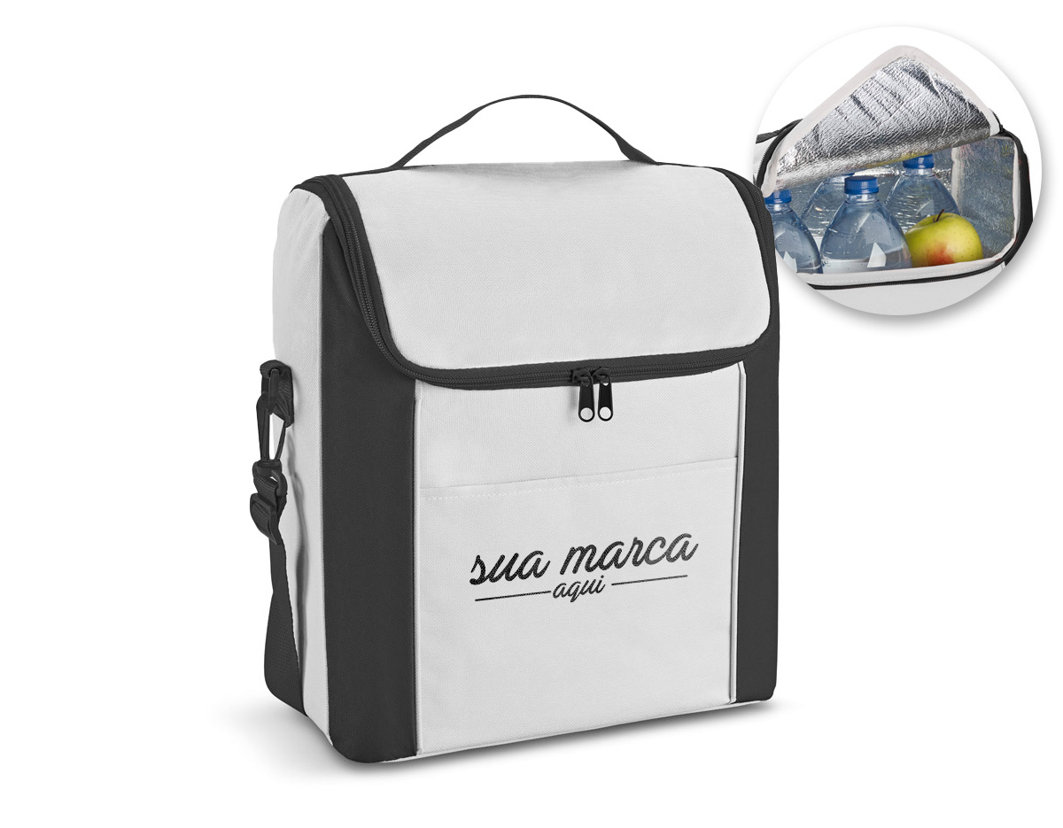 Bolsa térmica em 600D com ziper duplo, alça ajustável em webbing e bolso frontal. A bolsa tem capacidade até 12 L. 290 x 340 x 190 mm