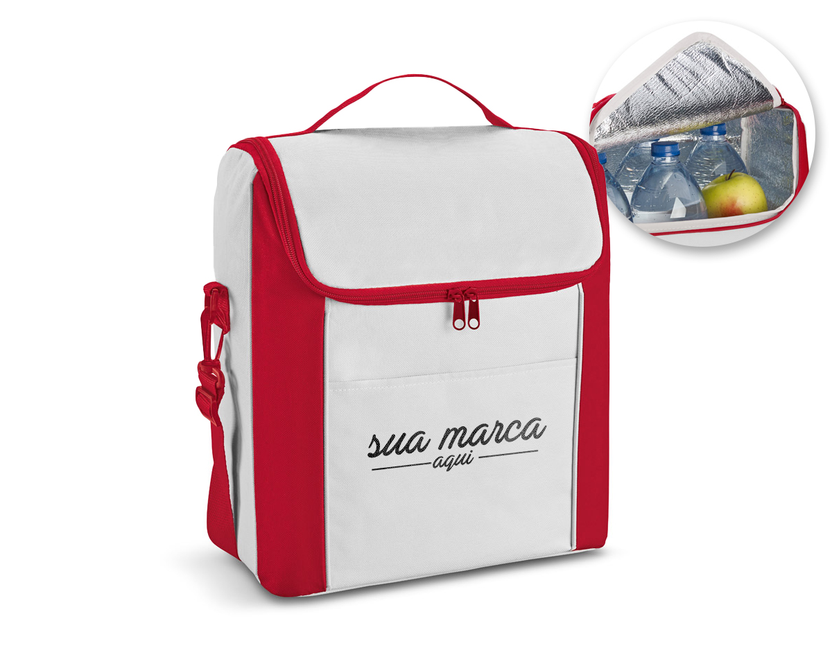 Bolsa térmica em 600D com ziper duplo, alça ajustável em webbing e bolso frontal. A bolsa tem capacidade até 12 L. 290 x 340 x 190 mm