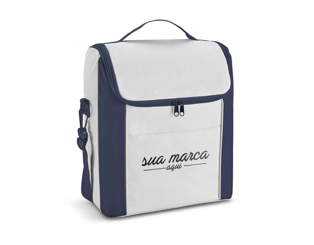 Bolsa térmica em 600D com ziper duplo, alça ajustável em webbing e bolso frontal. A bolsa tem capacidade até 12 L. 290 x 340 x 190 mm